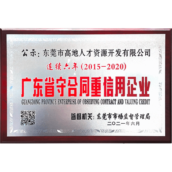 2015-2020连续六年广东省守合同重信用企业